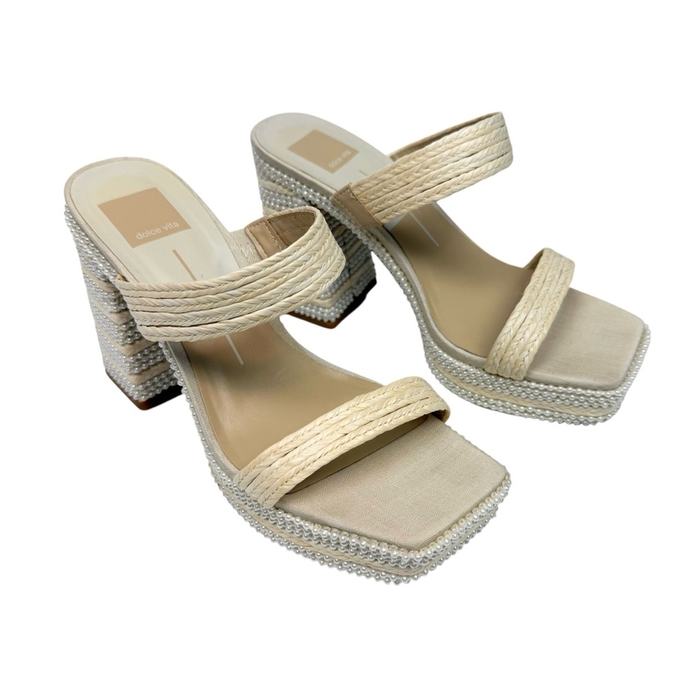 Dolce Vita Cream Braided Pearl-Trim Block Heel Sandal - Picture 4 of 14